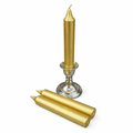 Gold ritual candle and silver candle holder on a white background