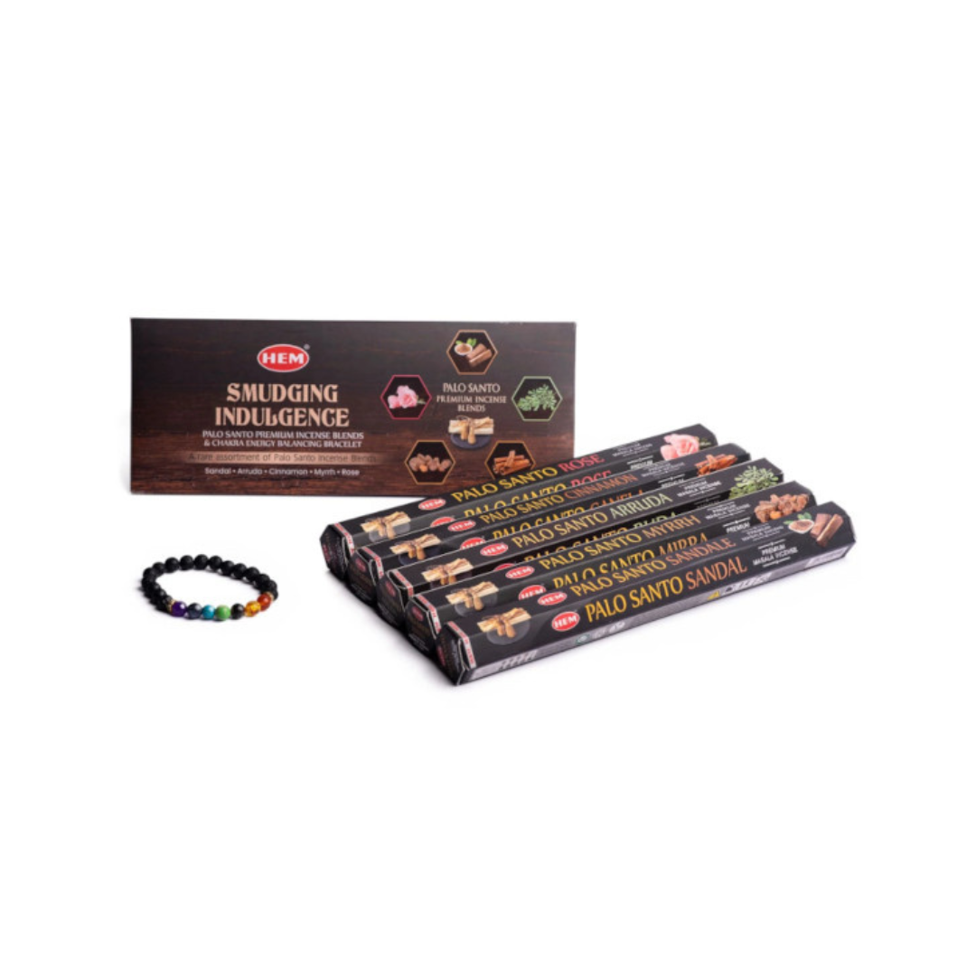 HEM Smudging Indulgence Gift Pack Palo Santo Premium Incense Blends & Chakra Energy Balancing Bracelet