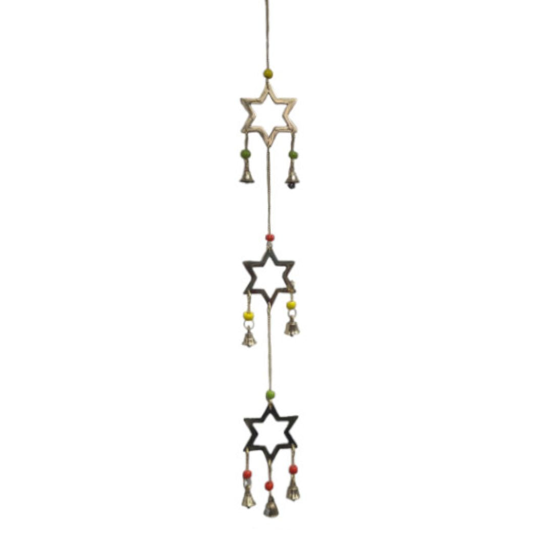 Hanging Windchime: Brass Stars with Bells & Beads