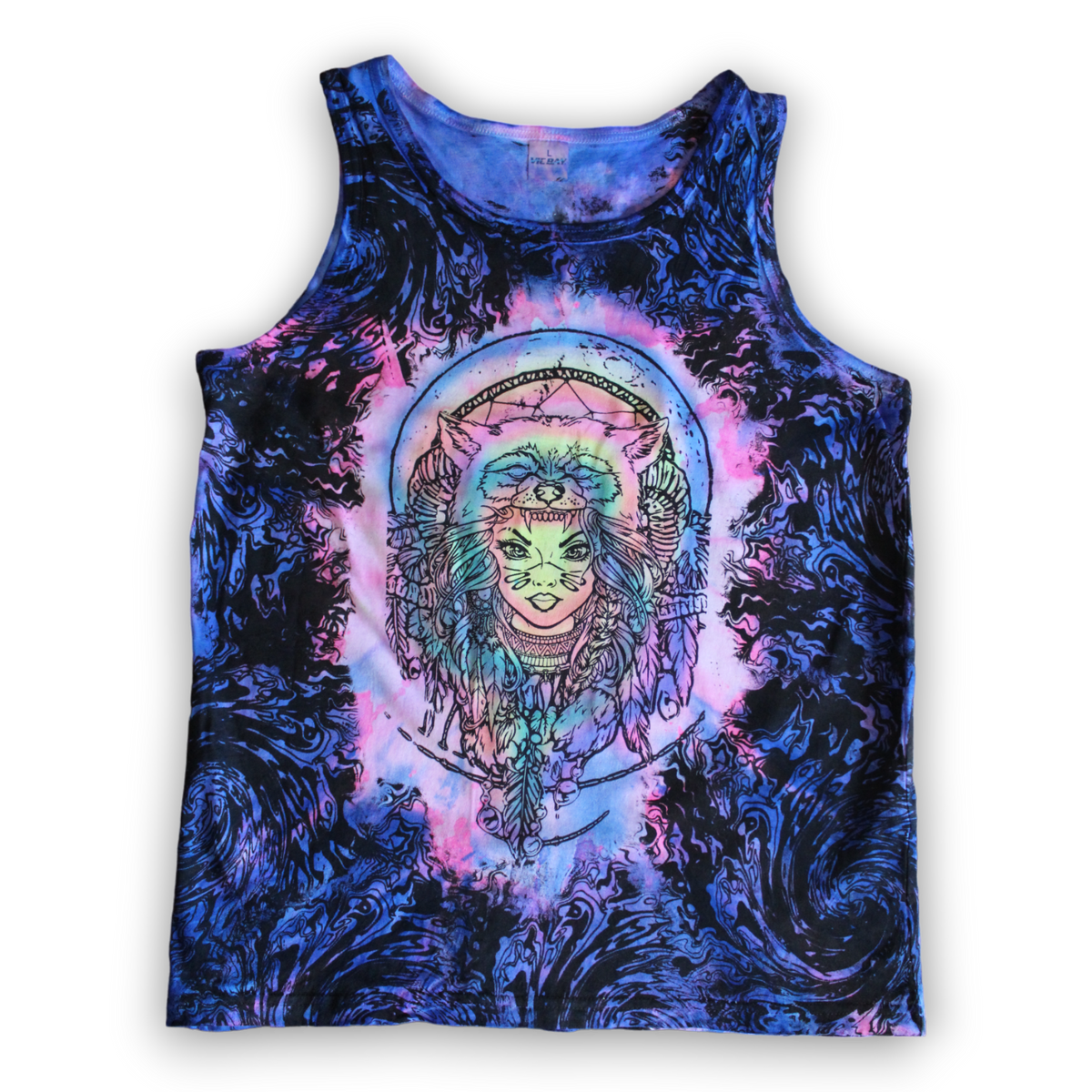 Hand-painted mystical wolf tie dye tank 
