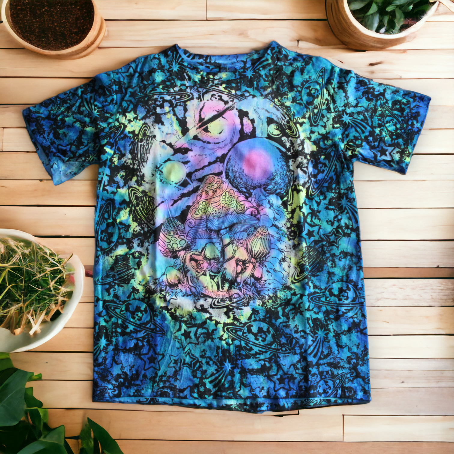 Vibrant space-inspired tie dye tee with mushroom design