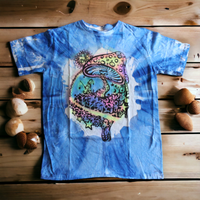 Unique blue tie dye t-shirt with mushroom design