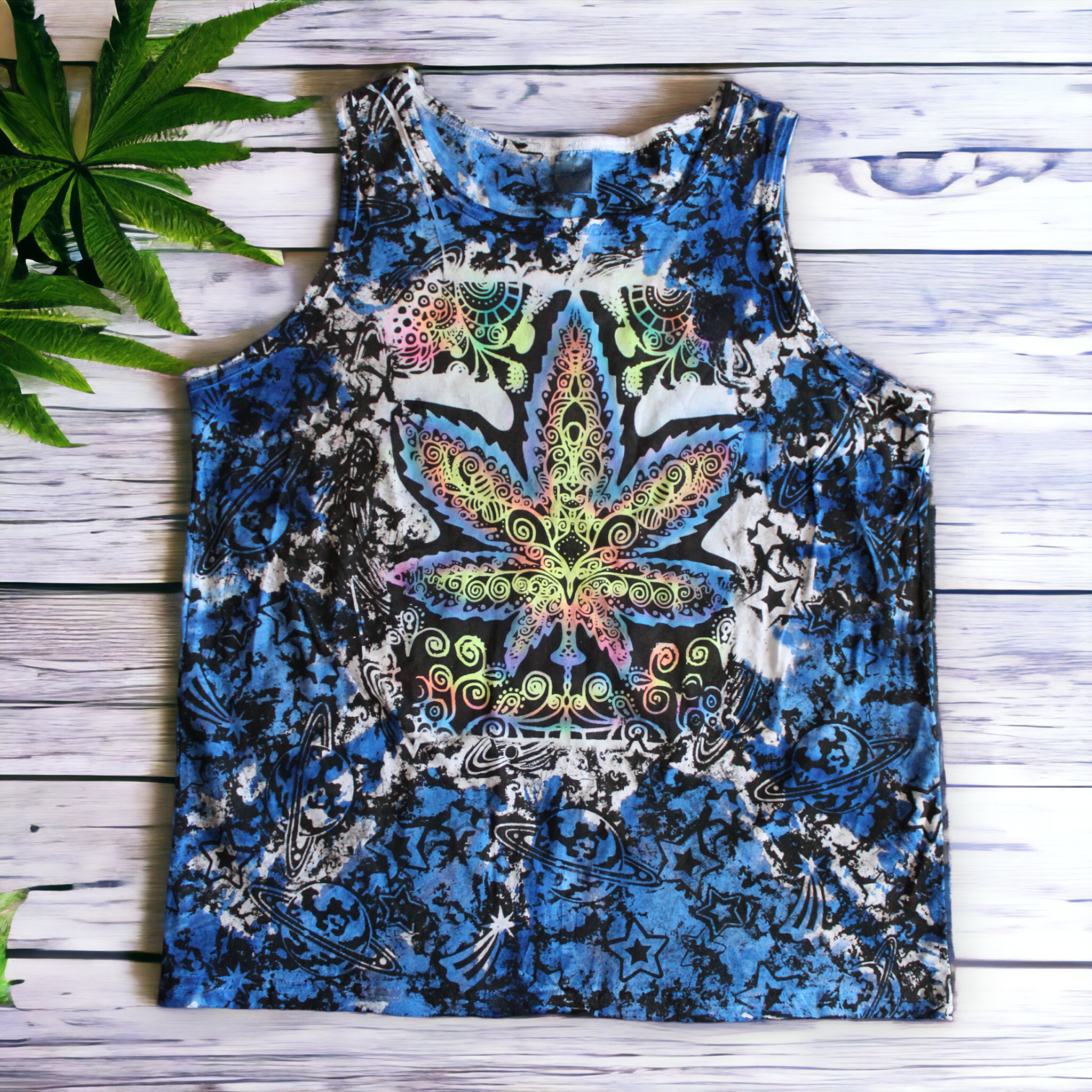 Hand-painted cannabis leaf tie dye tank top 