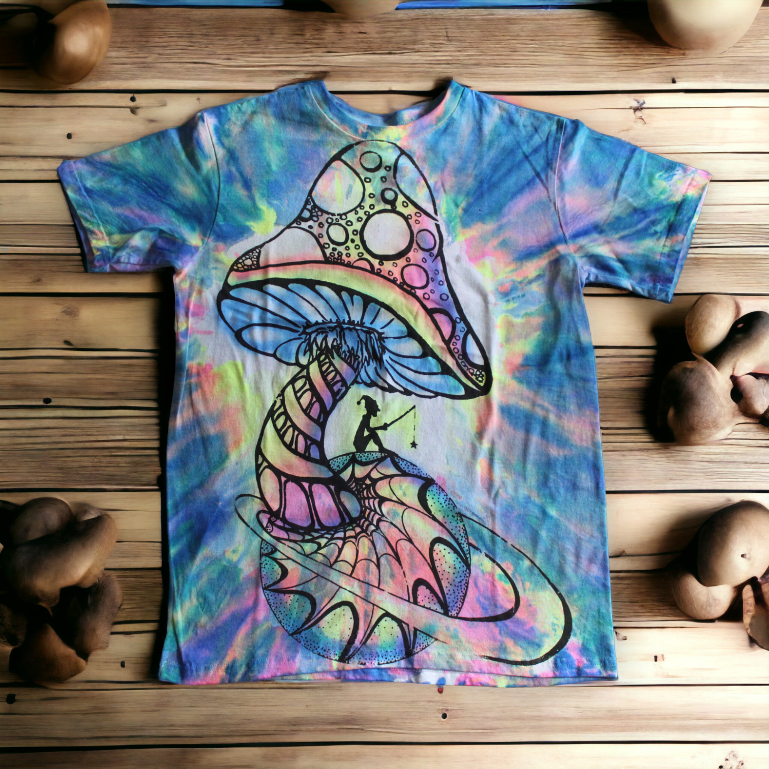 Vibrant mushroom design tie dye tee