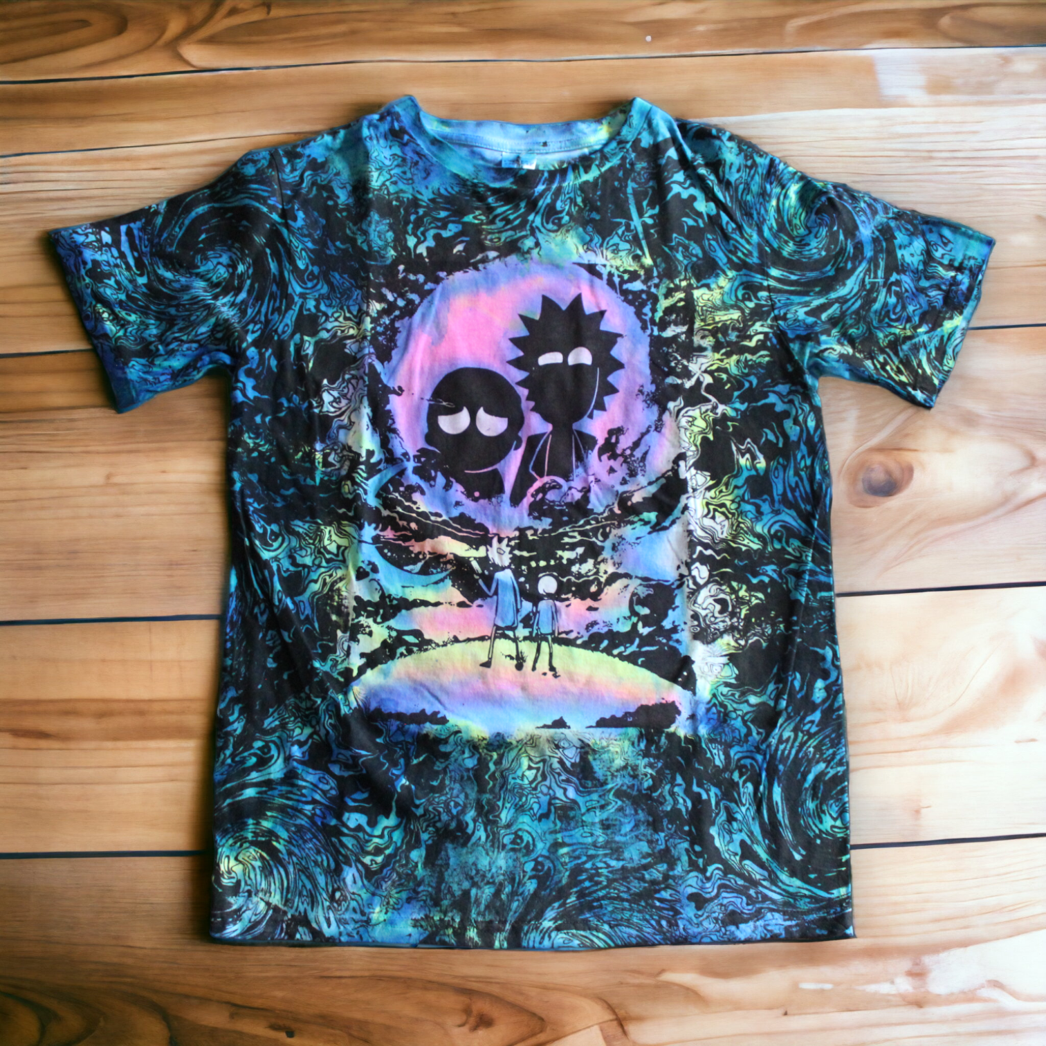 Space Inspired Tie Dye T-Shirt with Cartoon Silhouettes