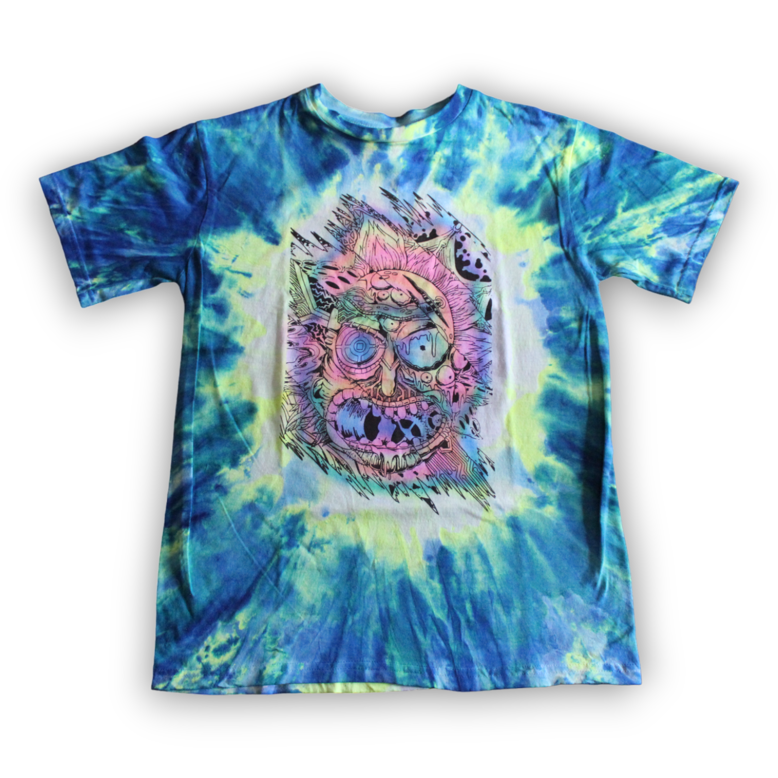 Blue and yellow tie dye sci-fi shirt