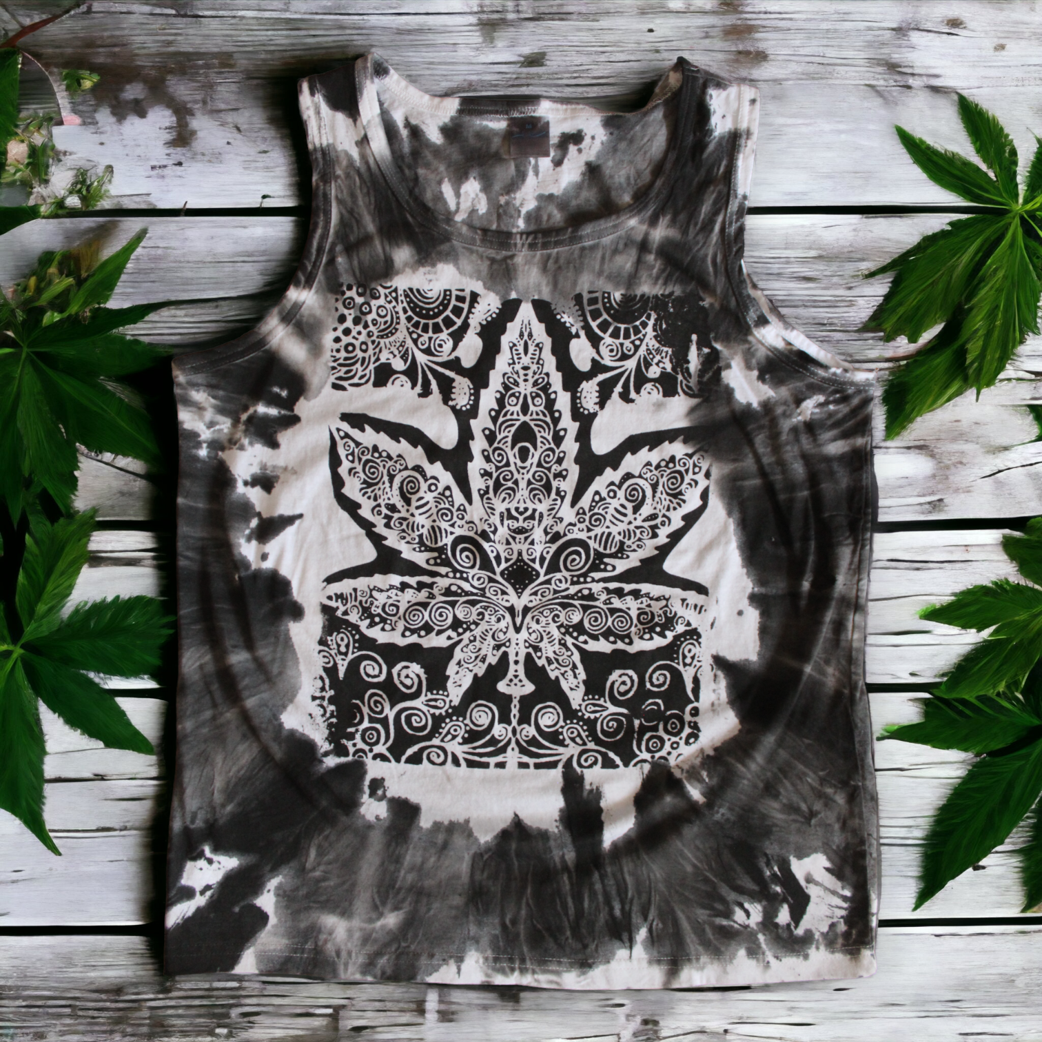Chic black and white tie dye cannabis tank