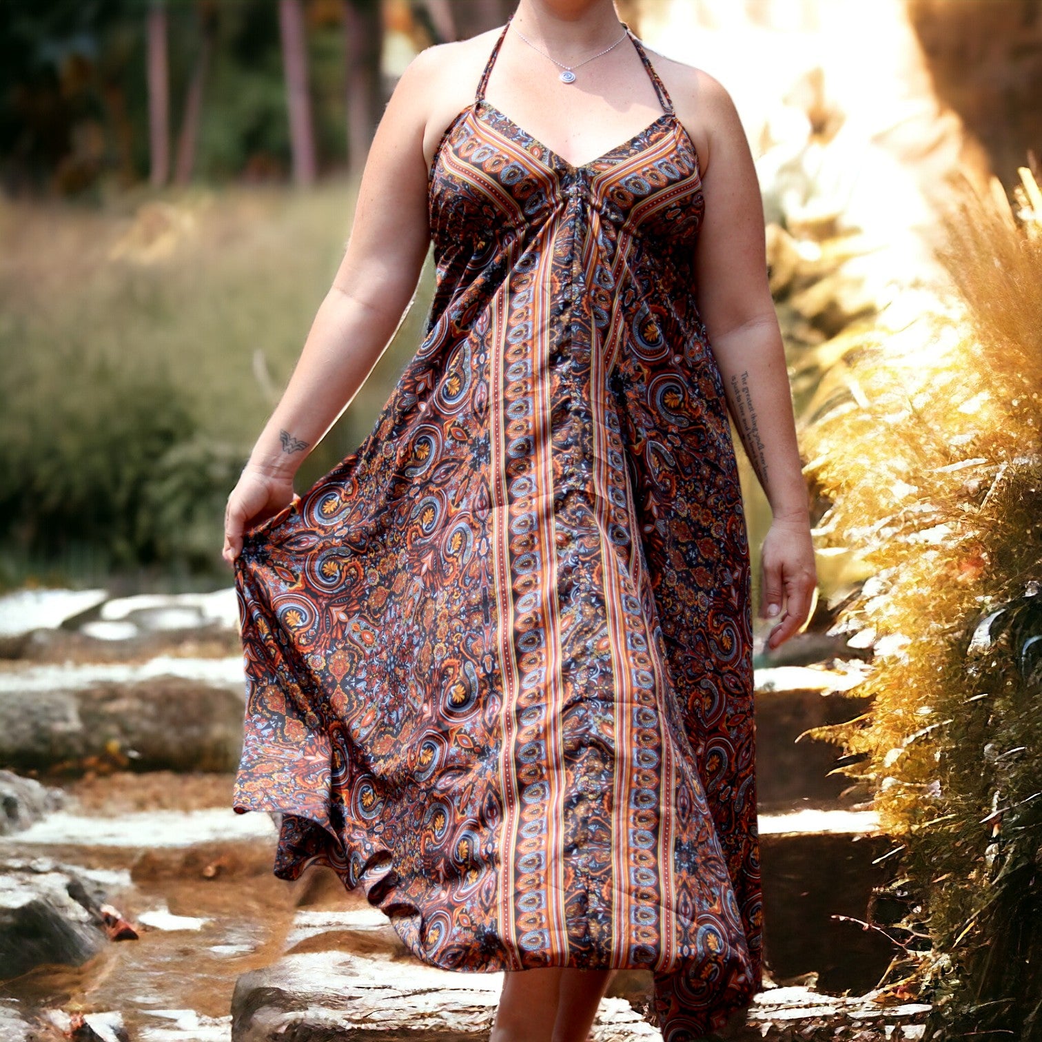 Elegant Rustic Radiance Boho Maxi Silk Dress for Women - Bohemian Style in Cape Town and Gauteng, South Africa