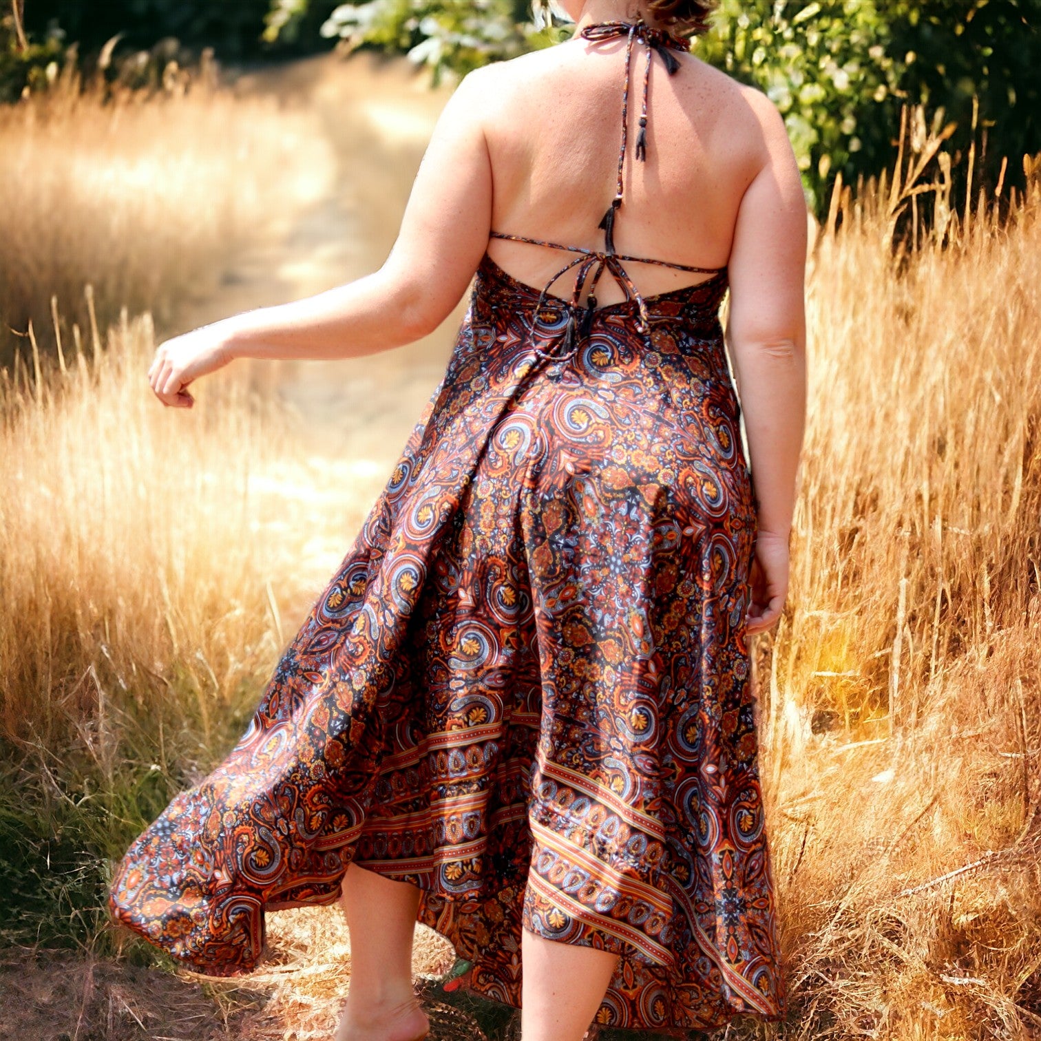 Elegant Rustic Radiance Boho Maxi Silk Dress for Women - Bohemian Style in Cape Town and Gauteng, South Africa