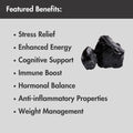 Infographic card highlighting key benefits of Shilajit such as stress relief, enhanced energy, cognitive support, immune boost, hormonal balance, anti‑inflammatory properties and weight management.