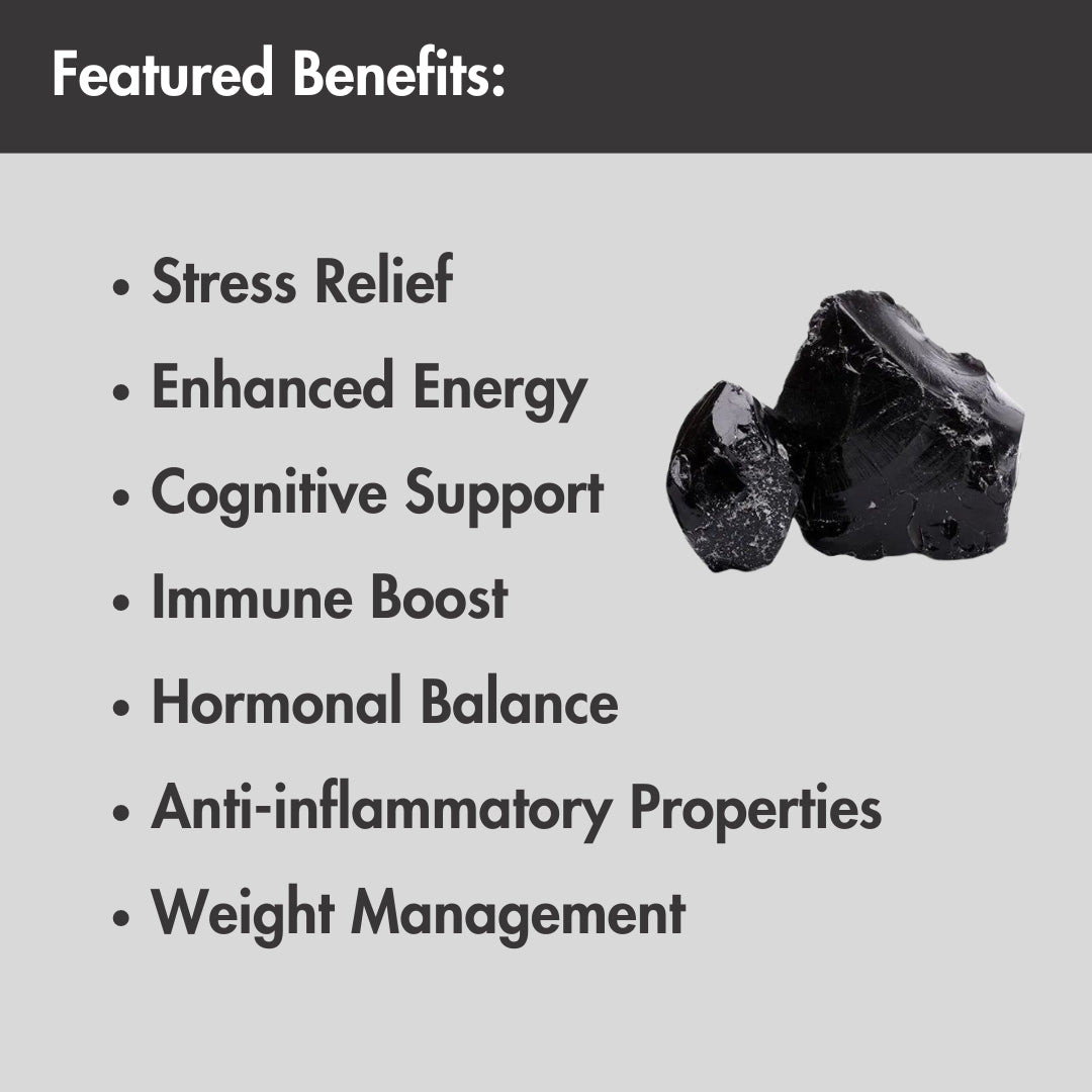Infographic card highlighting key benefits of Shilajit such as stress relief, enhanced energy, cognitive support, immune boost, hormonal balance, anti‑inflammatory properties and weight management.