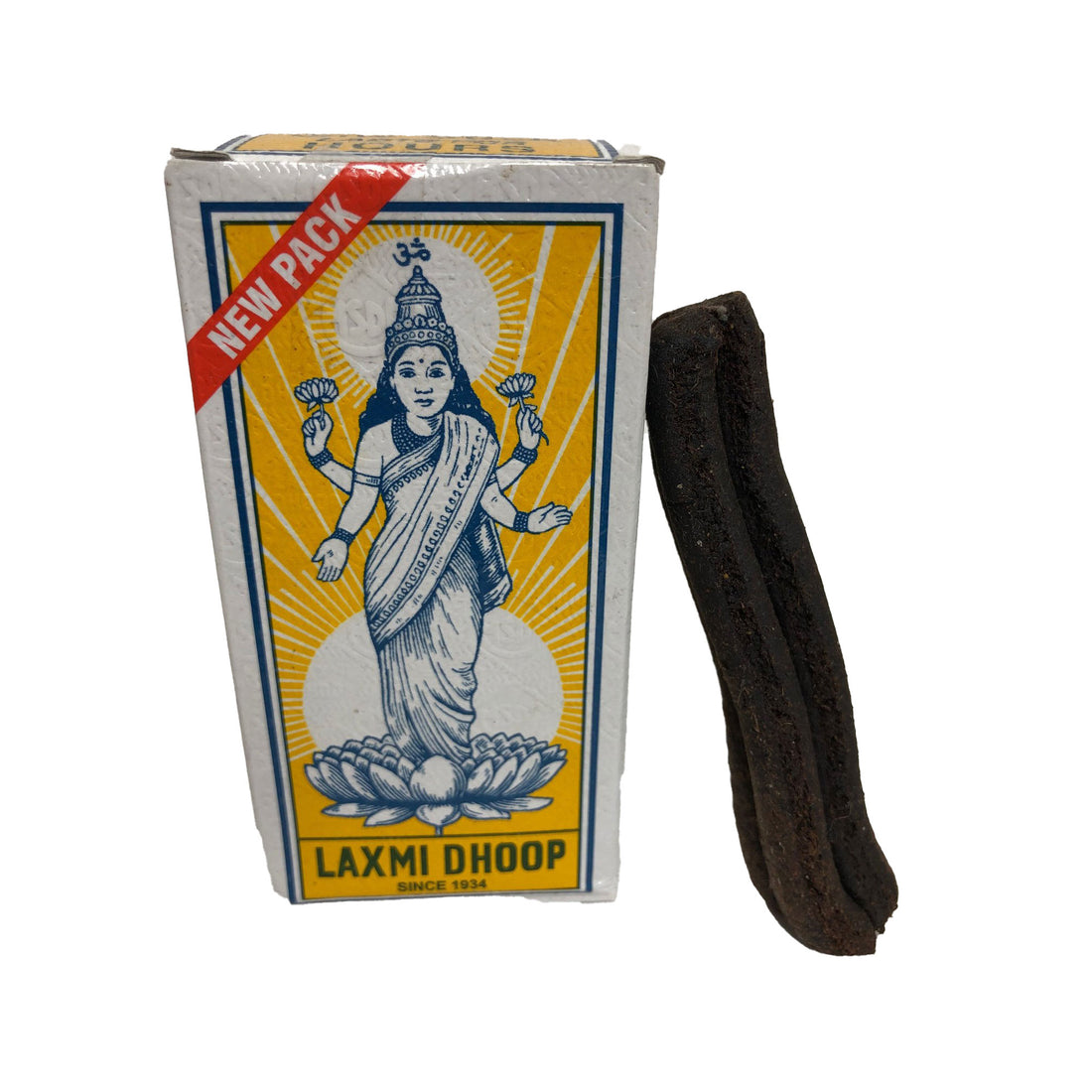 Laxmi Dhoop Incense Sticks package with a single stick displayed, featuring Goddess Laxmi illustration, labeled 'NEW PACK' since 1934