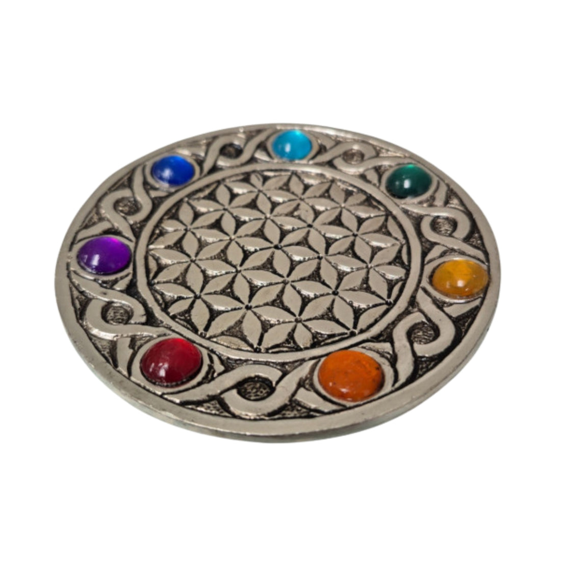 Metal Flower of Life incense holder on white background