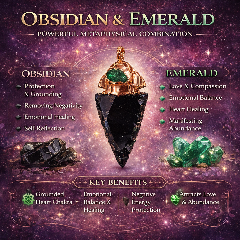Metaphysical properties of Obsidian Arrowhead Pendant with Emerald Capstone – Protection & Heart Alignment