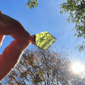 Moldavite Crystal Pendant Held to Sunlight – Showcasing Natural Translucency
