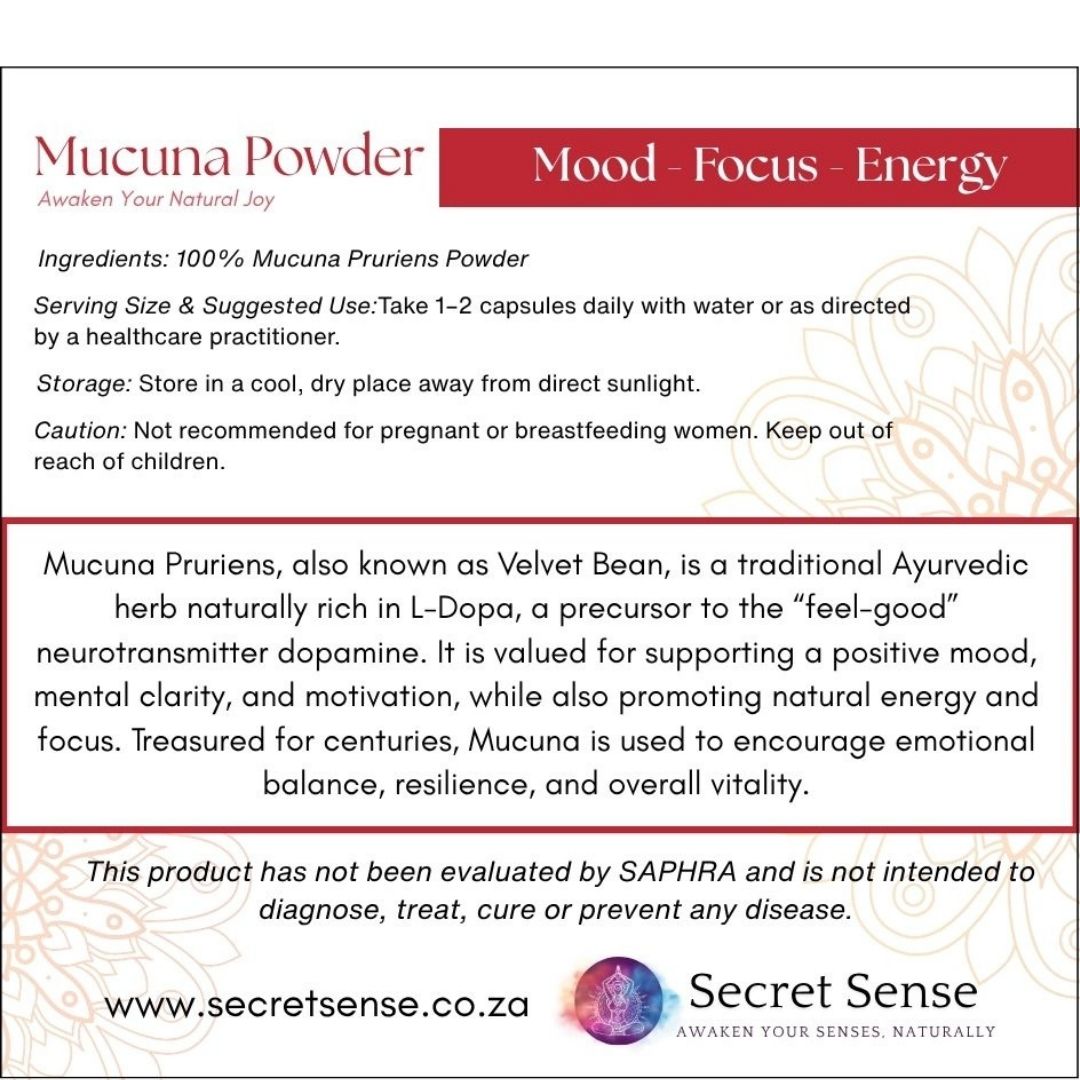 Mucuna Powder product information card with benefits and usage instructions
