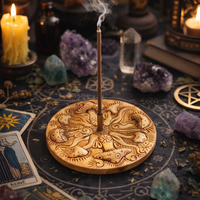 Mystical Mushroom Incense burner with smoke on a mystical table with crystals, candles, and tarot cards.