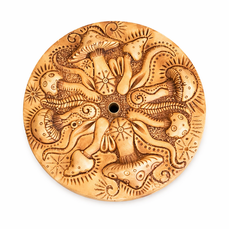 Decorative Mystical Mushroom Incense holder with intricate carvings on a white background