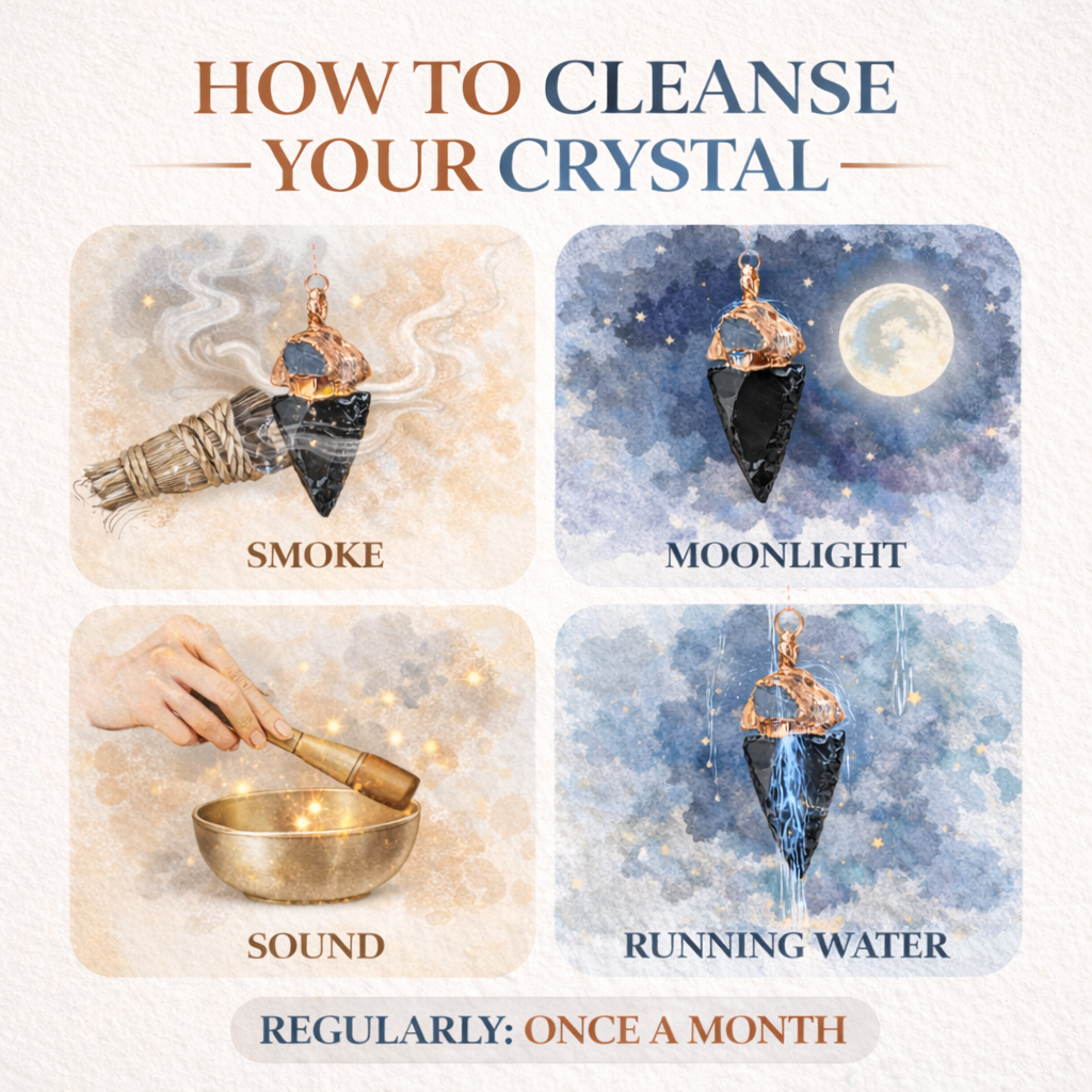 How to cleanse Obsidian Crystal Arrowhead paired with a Sapphire capstone Crystal Pendant - South Africa