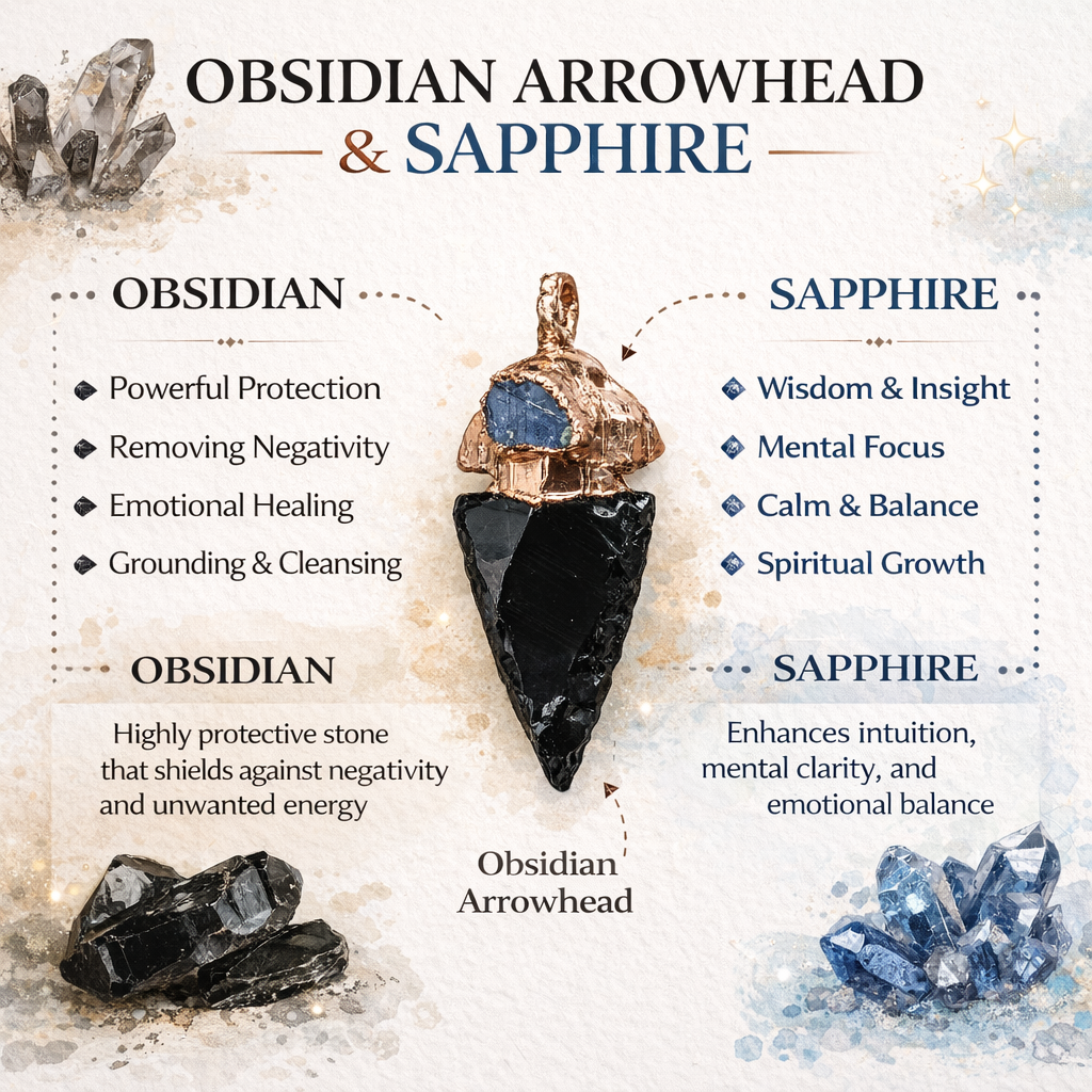 Benefits of Obsidian Crystal Arrowhead paired with a Sapphire capstone Crystal Pendant - South Africa
