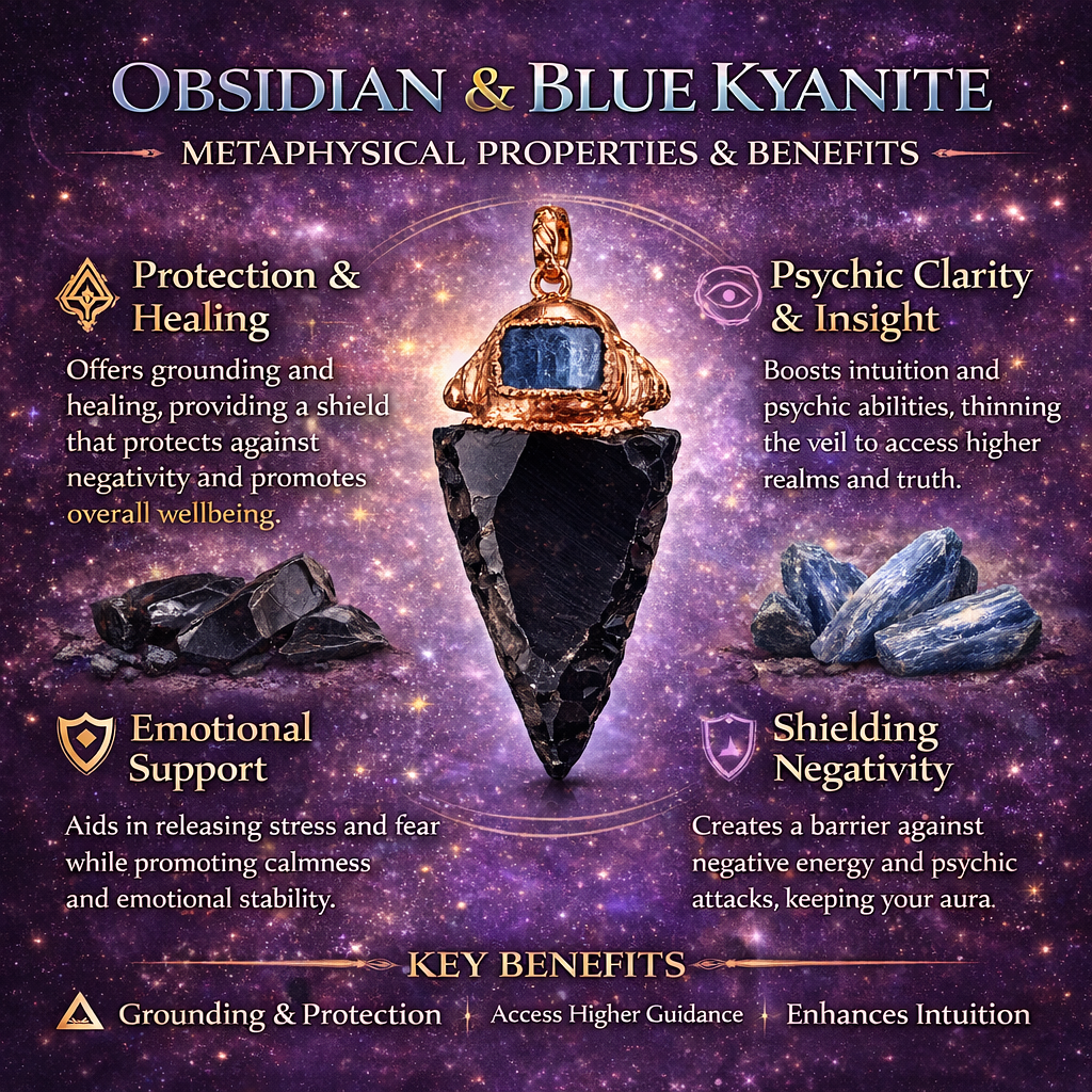 Obsidian Arrowhead Pendant with Blue Kyanite Capstone – Protection & Alignment Meta-Physical Properties