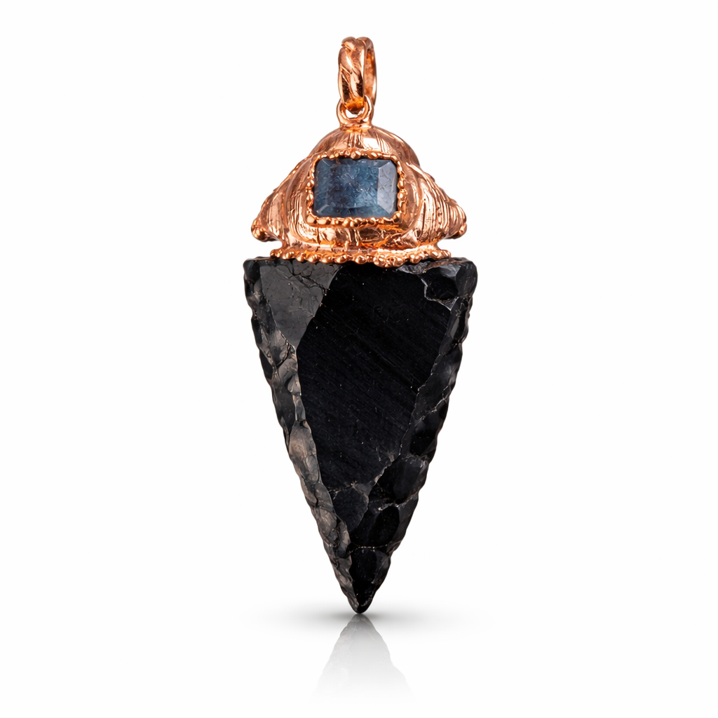 Obsidian Arrowhead Pendant with Blue Kyanite Capstone – Protection & Alignment front