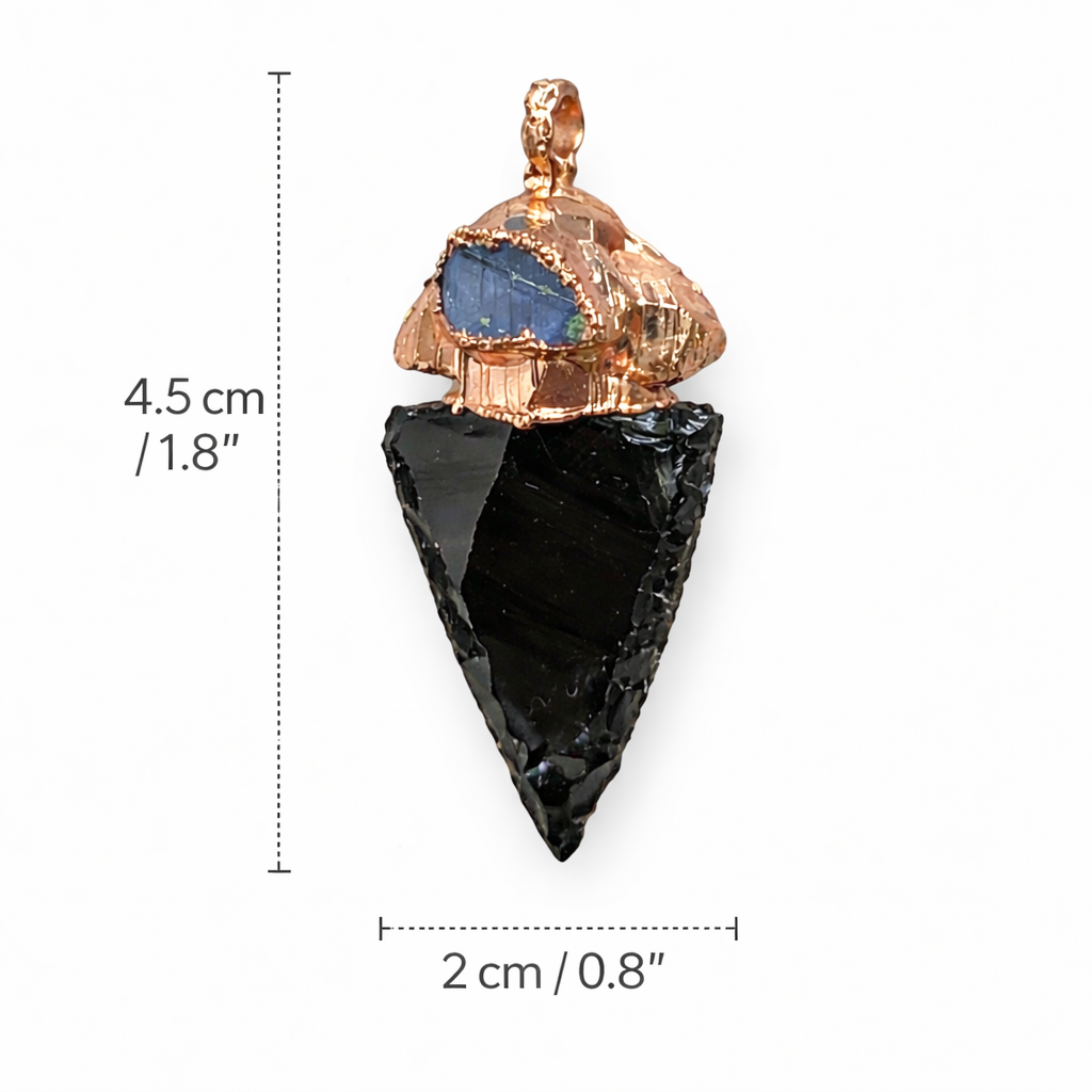Size of Obsidian Crystal Arrowhead paired with a Sapphire capstone Crystal Pendant - South Africa