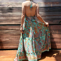 Elegant Silk Bohemian Dress with Aqua Paisley Pattern - Perfect for Festivals and Casual Outings