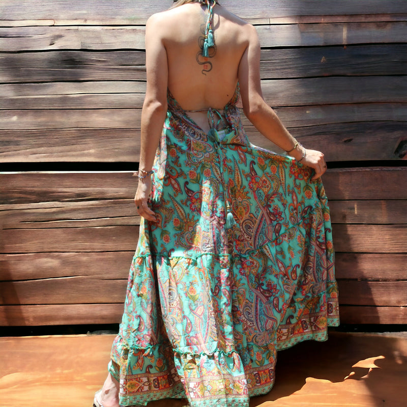 Elegant Silk Bohemian Dress with Aqua Paisley Pattern - Perfect for Festivals and Casual Outings