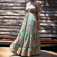 Flowing Aqua Paisley Silk Hippie Dress - Chic Boho Fashion for Women in South Africa