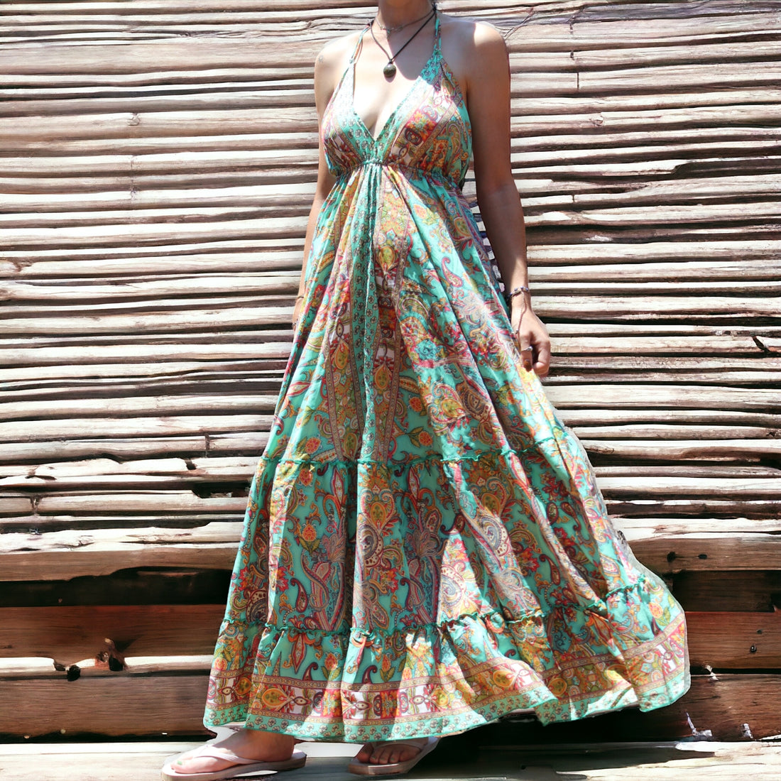 Aqua Paisley Boho Maxi Silk Dress - Luxurious Bohemian Style for Women in Cape Town and Gauteng, South Africa