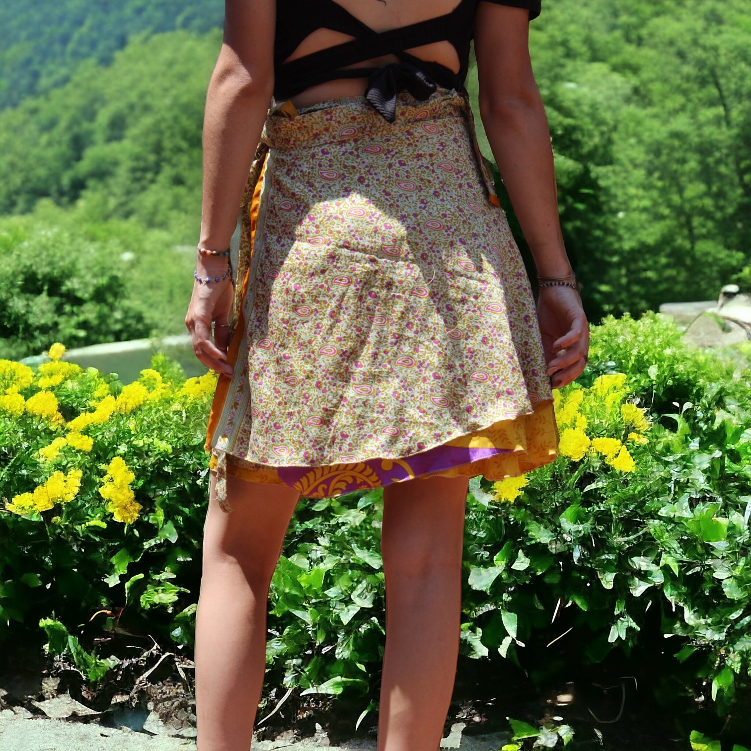 Sunshine Blossom Silk Sari Wrap Skirt