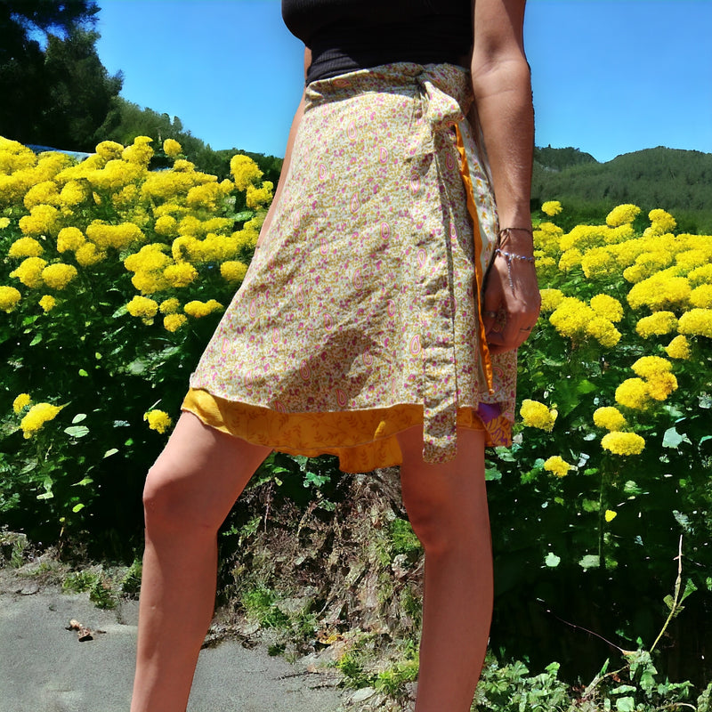 Sunshine Blossom Silk Sari Wrap Skirt