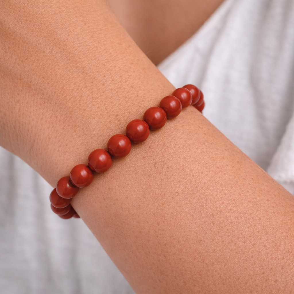 Red Jasper Crystal Bracelet 8mm – Natural Root Chakra Grounding Jewellery 18cm Elastic
