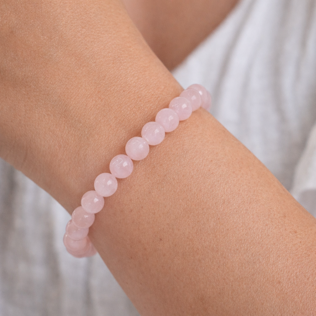 Rose Quartz Crystal Beaded Bracelet on a white background