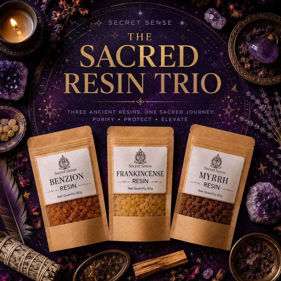 Sacred Resin Incense Trio - Frankcincense Resin, Myrrh Resin, and Benzoin Resin