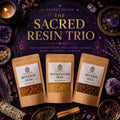 Sacred Resin Incense Trio - Frankcincense Resin, Myrrh Resin, and Benzoin Resin with esoteric background