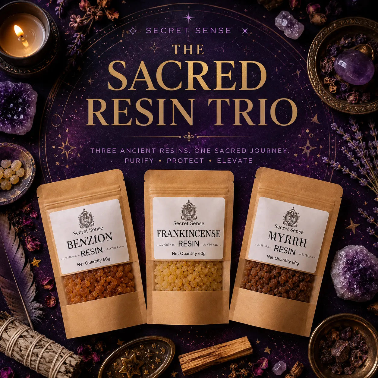 Sacred Resin Incense Trio - Frankcincense Resin, Myrrh Resin, and Benzoin Resin with esoteric background