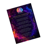Colorful affirmation card with cosmic design on a white background