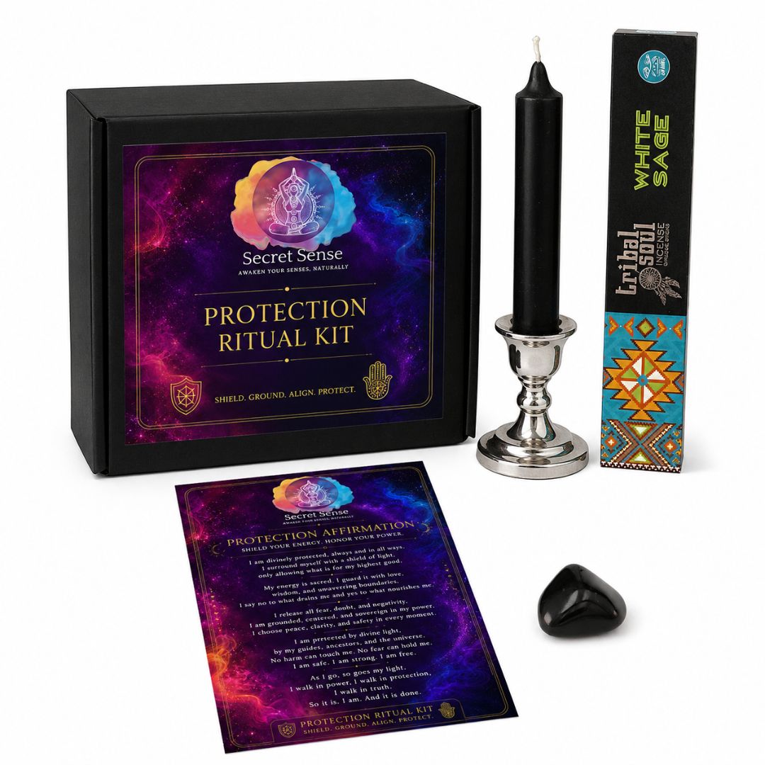 Secret Sense Protection Ritual Kit with candle, card, and box on a white background