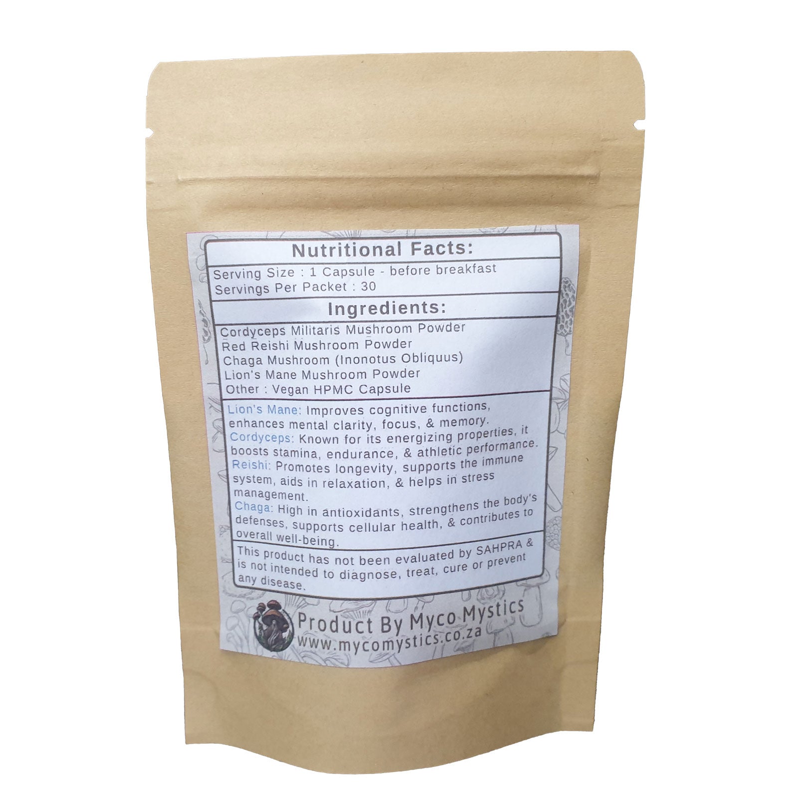 Back view of ShroomShield Capsules packet with detailed ingredient list and usage instructions for optimal health benefits.