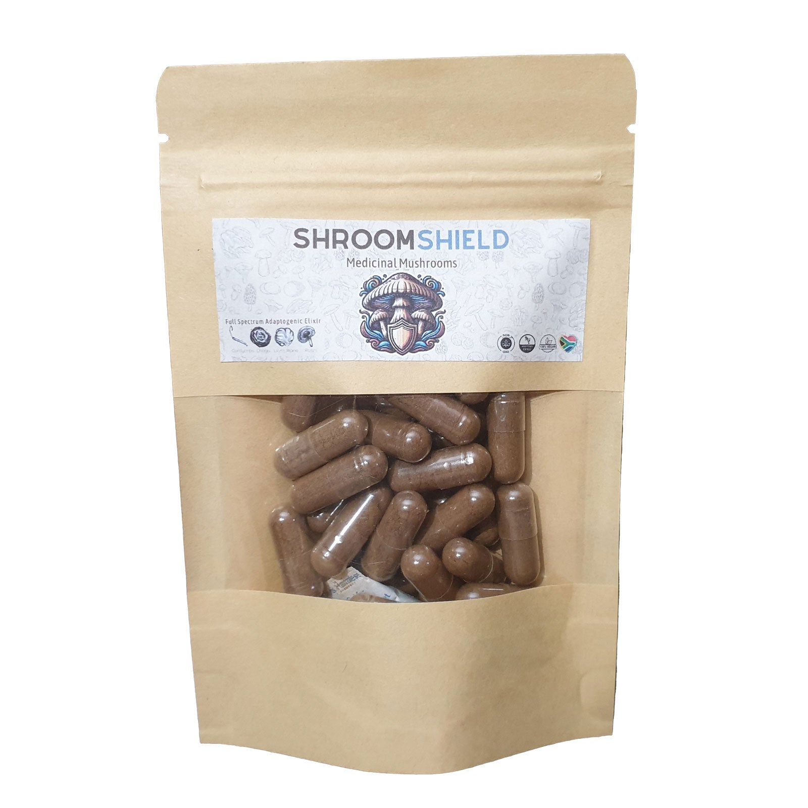 Front view of ShroomShield Capsules packet highlighting Reishi, Lion's Mane, Chaga, and Cordyceps for immune support and mental clarity.