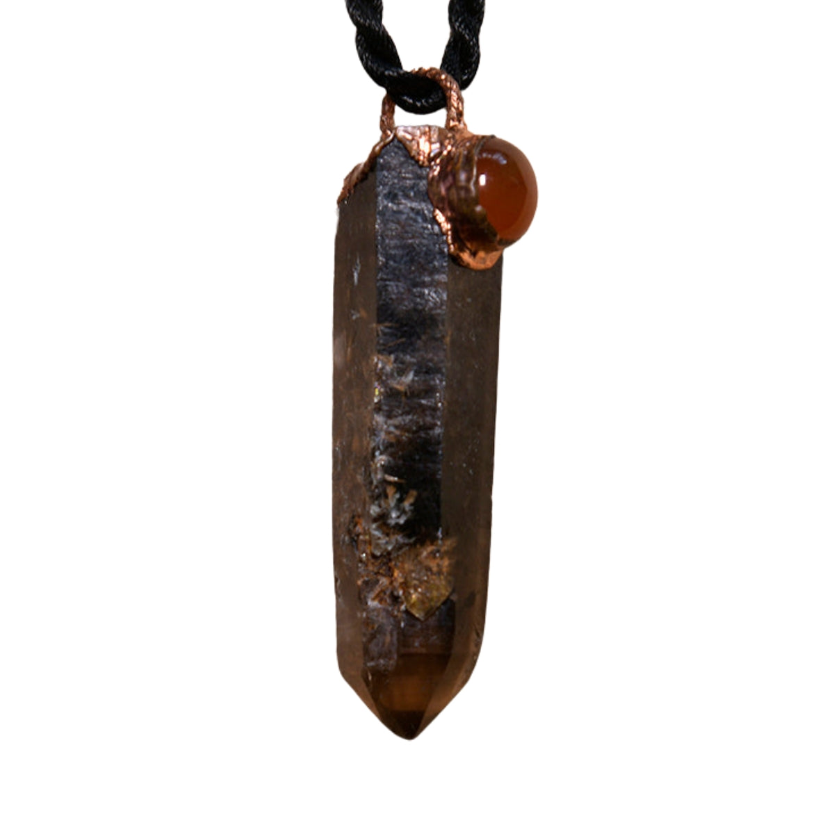 Side View of Deep Smoky Quartz and Carnelian Pendant – Grounding and Vitality Stone