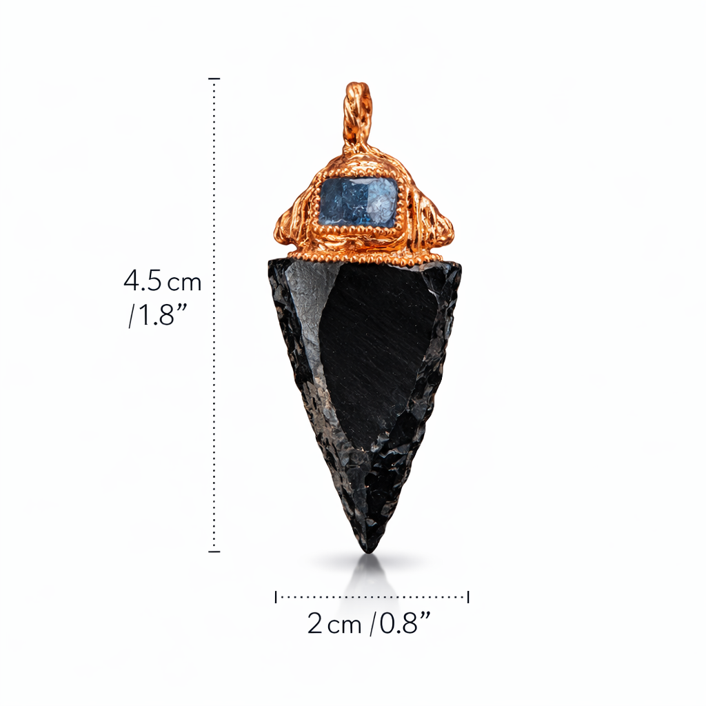 Size of Obsidian Arrowhead Pendant with Blue Kyanite Capstone – Protection & Alignment