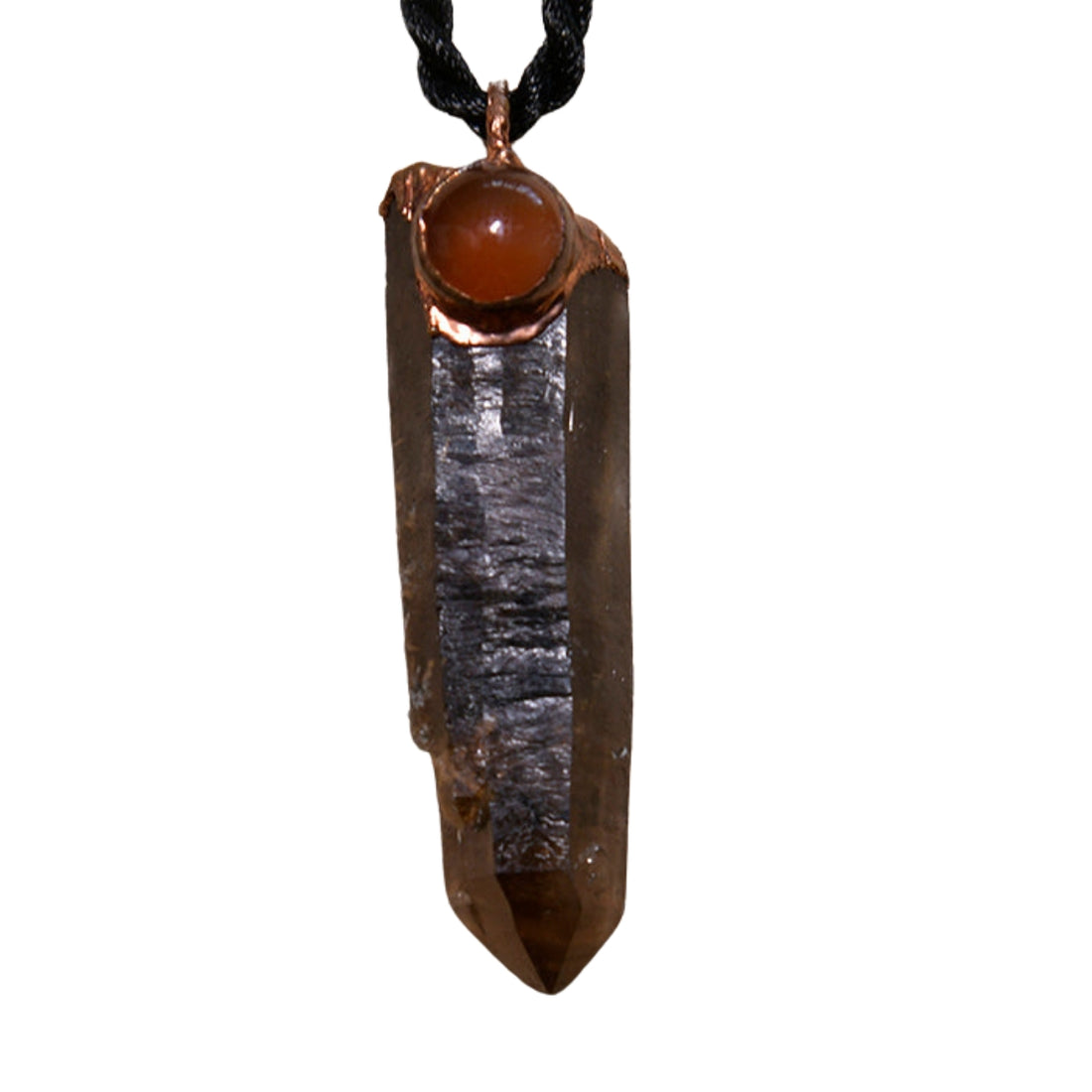 Smoky Quartz and Carnelian Crystal Pendant – Long Polished Wand with Satin Cord