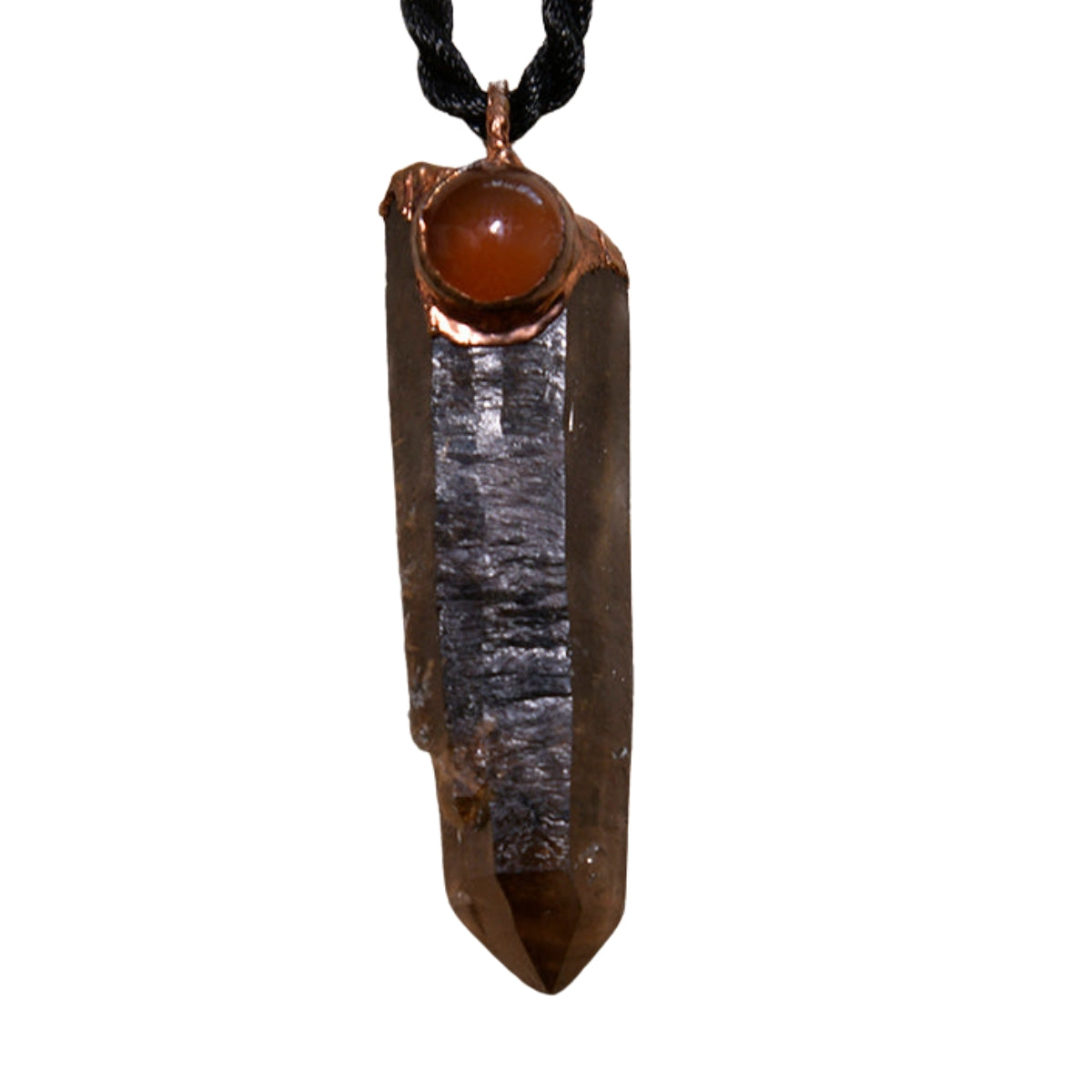 Smoky Quartz and Carnelian Crystal Pendant – Long Polished Wand with Satin Cord
