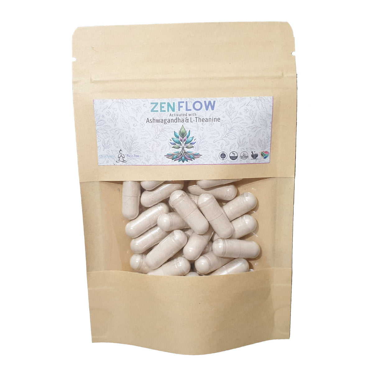 Front view of ZenFlow bottle showcasing Ashwagandha and L-Theanine capsules for stress relief and mental clarity.
