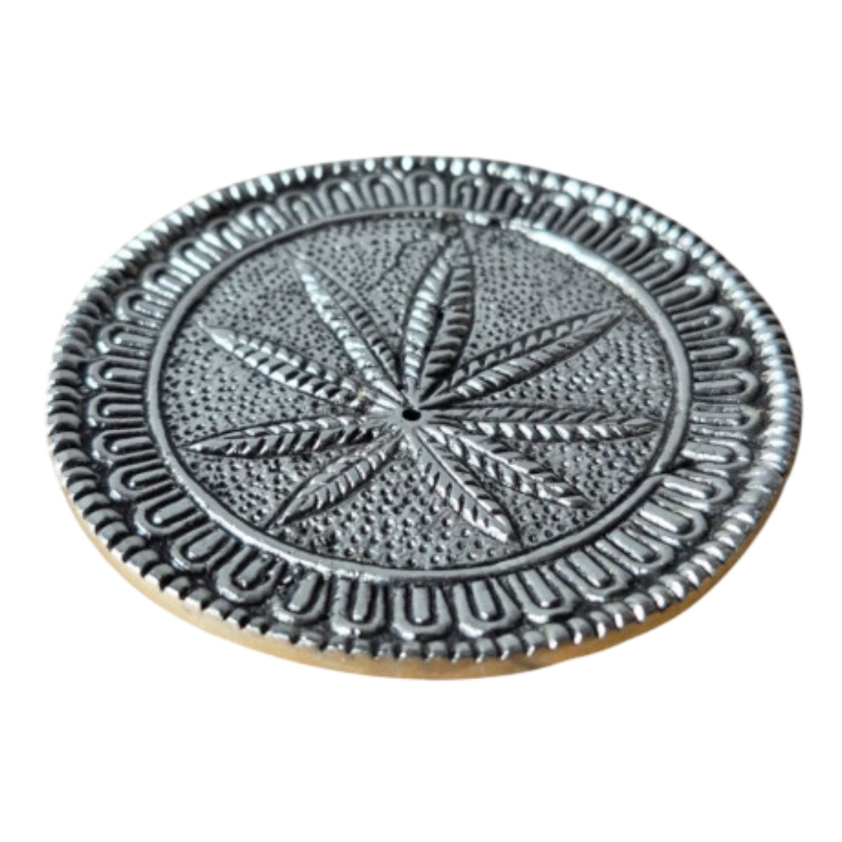 cannabis leaf-shaped incense holder in silver metal