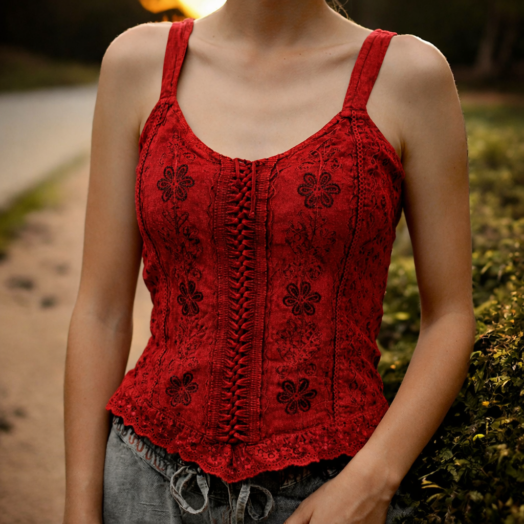 red bohemian corset top in soft rayon fabric