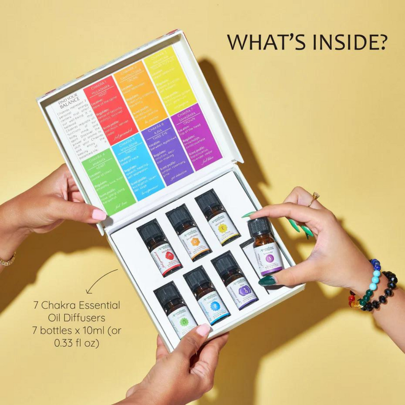 Seven chakra essential oil bottles in gift box